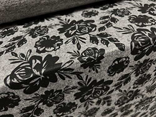 Superweicher Strick-Jersey-Stoff, Meterware, Blumenmuster, Grau meliert mit schwarzer Rose