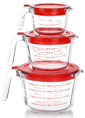 M MCIRCO 6 Pcs Glass Measuring Cups with Lids Set, 1-Cup, 2-Cup, 4-Cup Measuring Jugs with Handle, Nesting Liquid Measuring Cups for Kitchen, BPA-Free