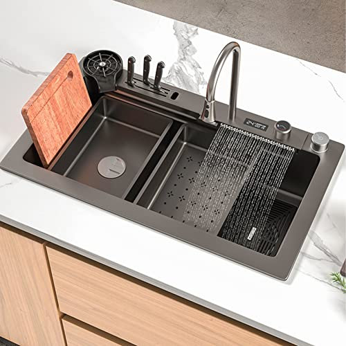 Intelligence Waterfall Basin Kitchen Sink, Single Bowl Workstation Spüle 304 Edelstahl 13-teiliges Set, Mit Pull-Out Wasserhahn, Cup Washet (Color : Black-Grey, S : 75x46cm)