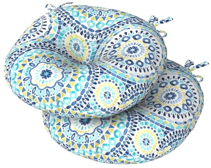 DYTXIII Set of 2 Outdoor Round Chair Cushions 15x15x4 with Ties, Water Repellent Tufted Bistro Seat Cushions, Thick Patio Chair Pads for Bar Stool, Garden & Dining Furniture - Blue Lagoon