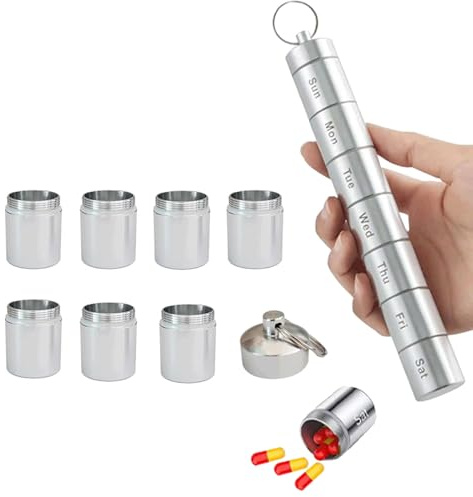 7 Teilbare Fächer Wasserdichte Kapsel Pillendose, Metall Tablettendose, Pillendose Schlüsselanhänger, Geeignet für Reisen, Ausgehen (Silber)