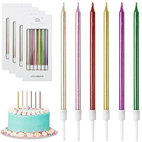 DONQL Birthday Cake Candles, Tall Cake Candles, Long Birthday Candles, Thin Cupcake Candles with Holders for Birthday Cake Baby Shower Cake Wedding Party Decoration (24Pcs Colorful)