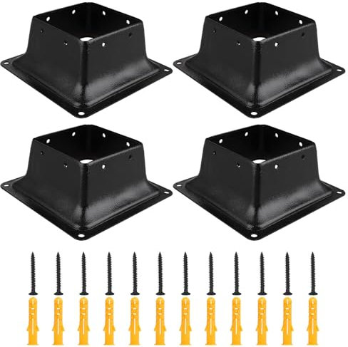 CYEAH 4x4 Post Base Set of 4, Black Square Brackets, Heavy Duty Powder-Coated Steel Post Bracket, Wood Fence Post Anchor Base for Pavilion Support Deck Base Plate Pergola Mailbox Mount Kit
