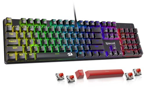 Redragon Mechanical Gaming Keyboard, Wired USB-A, 104 Keys, RGB LED Backlit, Hot-Swappable Red Switch, Anti-Ghosting, Double-Shot PBT Keycaps, PC Gaming Keyboard