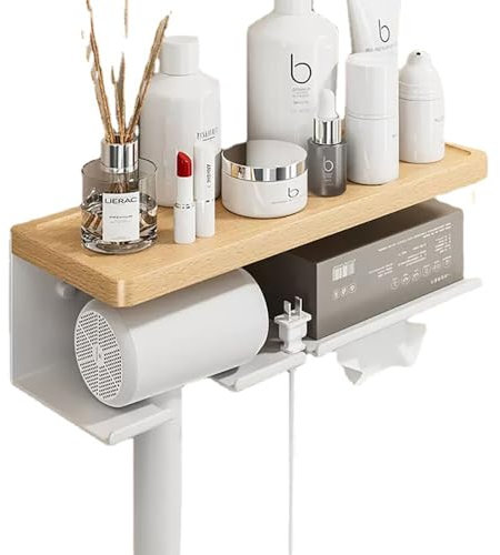 LNGFSH Porta Asciugacapelli, Legna Porta Phon con Porta Oggetti per Bagno 2 Scomparti in Alluminio e Portacavi, Supporto per Asciugacapelli (Bianco,38cm)