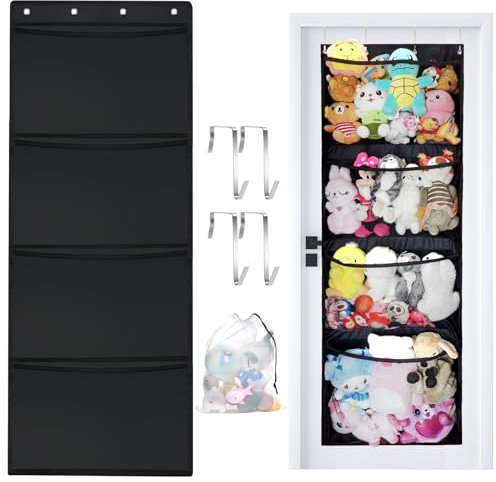 Aolso Stuffed Animal Storage, Over The Door Organizer Storages Hammock Toy Storage Net with 4 Large Pockets Hanging Storage Over The Door Organisers for Baby Plush Toys Bedroom Kids Toy Holder