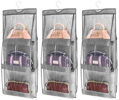 QWORK® 3 Stückhandtaschen aufbewahrung, Handtaschen Organizer Hängend mit 6 transparenten Taschen für Handtasche, Umhängetasche, Geldbörse