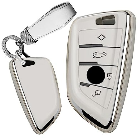 TECART Smart Autoschlüssel Hülle Cover Passt für BMW X1 F48 X2 X3 X5 X7 F15 X6 F16 X5M G30 G11 2er 5er 7er 218i 530Li 750i TPU Schutzhülle Schlüsselcover Zubehör Auto Schlüssel 4 Taste Silber Weiß A
