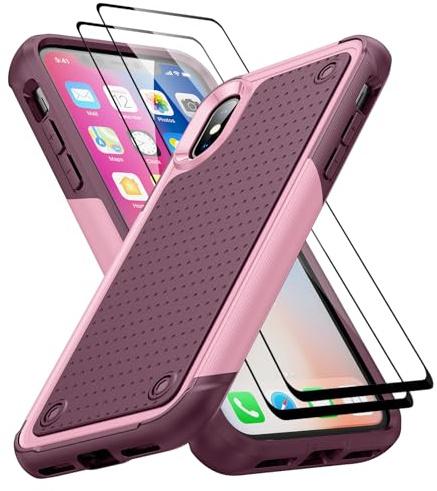 Jeylly for iPhone X/Xs Case 5.8 inch, Military Grade Drop Protection Scratch Resistant Dual Layer Heavy Duty Shockproof Protective Phone Case for iPhone X/XS, Red/Pink