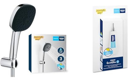 Grohe Vitalio 110 - Wandhalterset wassersparend ~8l/min + Kleber (3 Strahlarten, Standardanschluss, mit 175cm Brauseschlauch und Brausehalter), eckig, chrom