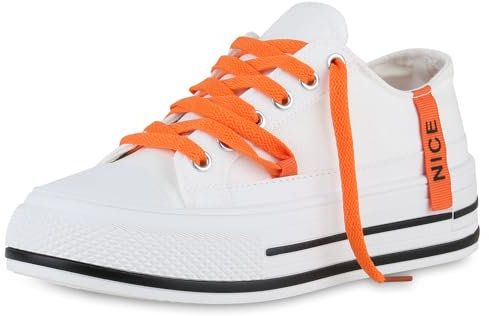 VAN HILL Damen Sneaker Low Keilabsatz Prints Trendy Schuhe 214595 Weiss Orange 37