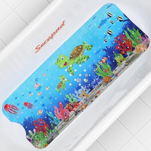 Secopad Badewannenmatte rutschfest Kinder, 100 x 40 cm, Meeresschildkröten | 100% BPA-frei, Rutschfest, Starke Saugkraft, Cartoon-Design für Kinder, Gute Wasserableitung und Leicht zu Reinigen