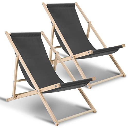 Hebitod Liegestuhl Holz Klappbar, 2 Ser Set, Verstellbar 120kg Belastbar, Sonnenliege für Strand, Camping, Balkon, Pool, Holzklappstuhl, Strandliege, Wetterfest Relaxliege, Campingliege, Grau