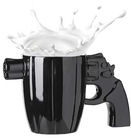 LUCYLANKER Stylish and Funny Ceramic Coffee Mug with Weapon Handle, Original Mug, Personalised Revolver Coffee Cup, 3D Gun Handle, Military Gifts for Men, 330 ml (Black)