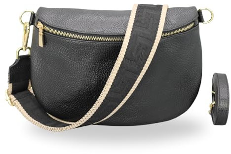 BRISE Bauchtasche Damen Echtleder AFIA Gold Handgemachte Umhängetasche Crossbody Bag mit Ledergurt + Optionalen Breiten Gemusterten Riemen 3 Fächer Hüfttasche Made in Italy (Schwarz-Gold 4)