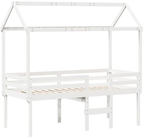 vidaXL Hochbett, Kinderbett mit Dach Leiter Sperrholzlatten, Spielbett für Kinderzimmer, Bett Holzbett Einzelbett, Weiß 90x190cm Massivholz Kiefer