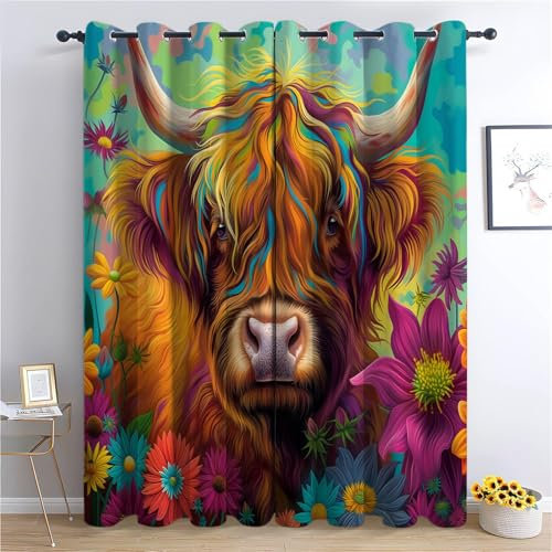 CozyRest Verdunkelungsvorhänge Mit Ösen, 215 x 110 cm Blickdichte Vorhänge, Wärmeisolierend Vorhang, Bunte Tiere Hochlandrinder und Blumen Vorhänge Für Kinderzimmer Schlafzimmer Schiebevorhänge