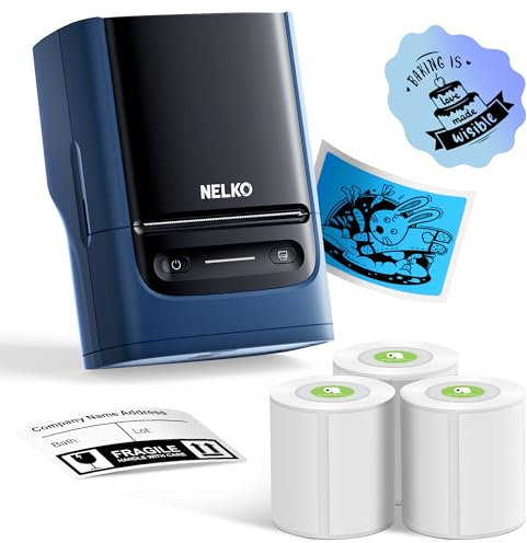 Nelko PM220 - Máquina etiquetadora Bluetooth con cinta, impresora térmica portátil de 2 pulgadas para pequeñas empresas, logotipo, ropa, calcomanías para teléfonos y PC, con 3 etiquetas, azul profundo