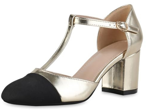 VAN HILL Damen Mary Janes Blockabsatz Basic Klassisch Schuhe 216242 Gold 38