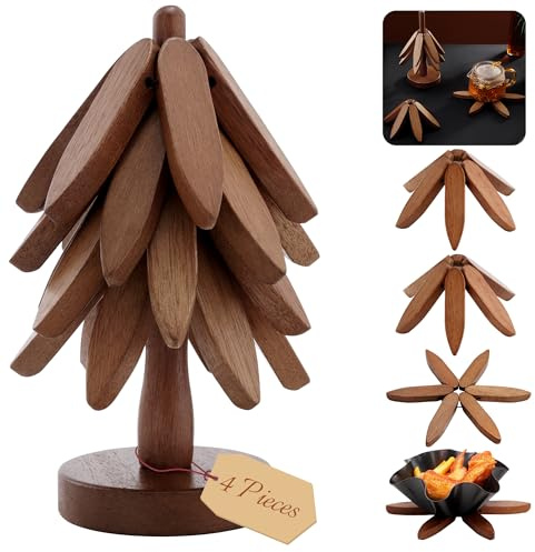 Wooden Tree Coasters, Wooden Trivets for Hot Dishes Decorative Christmas Tree Shape Includes 4 Pcs Hot Plate Mat, Tree Trivets for Hot Pots and Pans, Kitchen Hot Pads for Countertops, Sapele