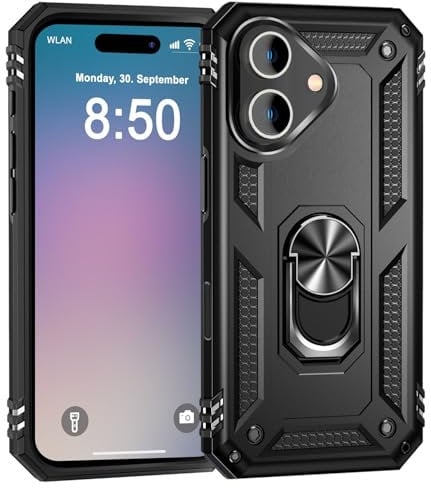 NALIA Military-Style Ringhülle kompatibel mit iPhone 16 Hülle, Ring Cover Extrem Schutz 360°-Grad Finger-Halter Ständer & KFZ-Halterung, Stoßfest Robust Outdoor Silikon Hard-Case, Farbe:Schwarz