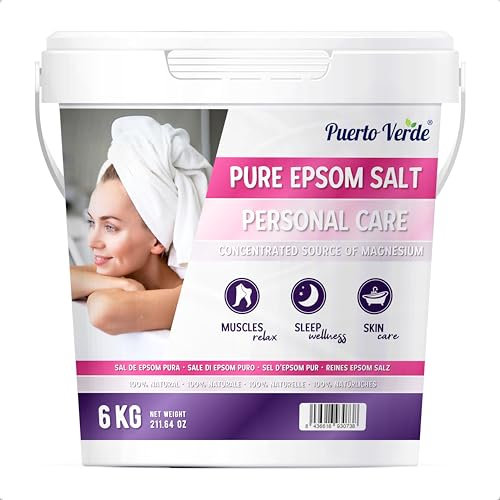 Puerto Verde • Epsom Salz 6 Kg. Konzentrierte Magnesium Quelle. Bittersalz aus 100% Natürlichem Ursprung. Badesalz für Muskelkater, Stressabbau & Guten Schlaf. Europäische Produktion.