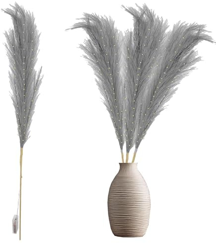 2Pcs - 100cm Prelit Grey Pampas Grass Stem, Warm White LEDs Battery-Operated Christmas Artificial Flowers for Boho Wedding Bedroom Living Room Decorations