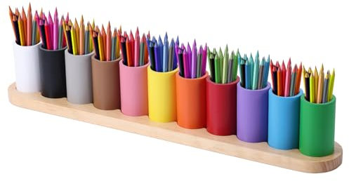 Pot à Crayons de Couleur en Bois, Organiseur de Crayons Montessori 11 Compartiments Amovibles Porte-Stylos Organisateur Rangement Crayons Porte-Marqueurs pour Enfants Fournitures Scolaires
