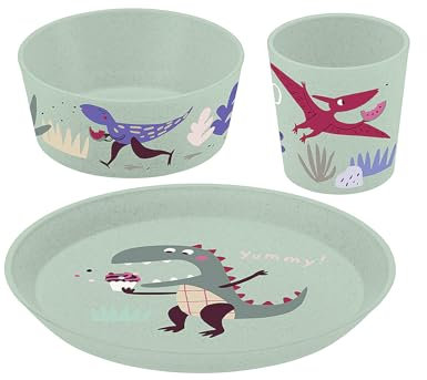 Koziol CONNECT REX Kindergeschirrset 3teilig | kleiner Teller + Schale + Becher | für Kinder ab 6 Monate | biozirkulärer Kunststoff, bruchfest, spülmaschinengeeignet (organic sage green)