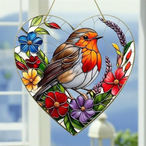 20x20CM Robin Suncatcher, Acrylic Heart Shaped Robin Bird Sun Catcher, 2D Window Hanging Suncatcher Gift for Family, Friends, and Bird Lovers