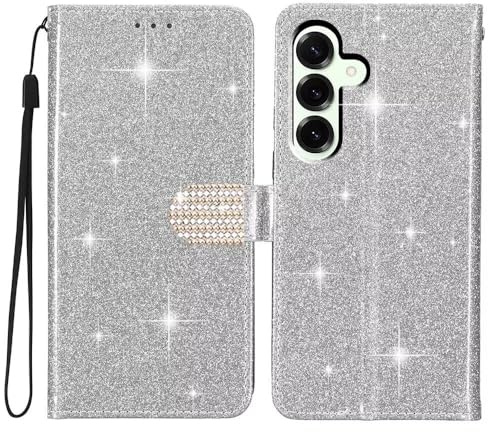 SEHEYA Klapphülle für Samsung Galaxy A41 Glänzend Handy Hülle Premium Glitzer PU Leder mit Magnetische Diamant Schnalle Standfunktion Kartenfächer Schutzhülle, Silber