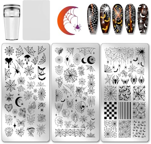PH PandaHall 3pcs Halloween Nail Stamp Plate Spider Web Pattern Print Art Template Stainless Steel Nail Image Plate Spider Skull Nails Stencil for Halloween Women Nails Decoration 12x6cm