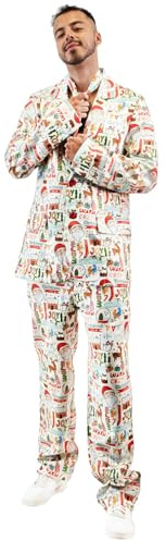 EraSpooky Herren Weihnachtsanzug Set Lustiges Party Outfit mit Sakko Hose & Krawatte Santa & Rentier Druck Kostüm