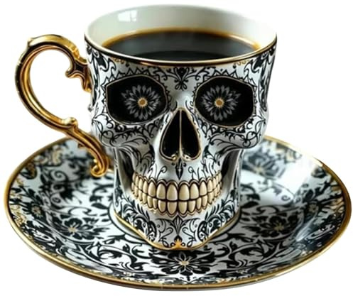 OLYGEE Royal Skull Coffee Mug with Saucer Set - Gothic Gold Trim Skull Tea Cup, Horror Novelty Halloween Decor Mug, Funny Diabolical Bonehead Gift for Coffee Lovers & Collectors