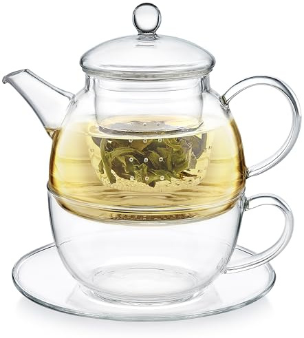 Teabloom Mindful Tea-for-One Set – 5-Piece Glass Teapot, Matching Cup & Saucer, Borosilicate & Stainless Steel Infusers, Elegant Gift for Personal Tea Rituals