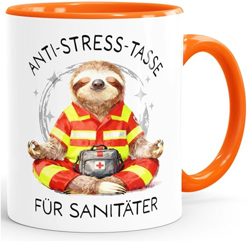 SpecialMe® Kaffee-Tasse Faultier Design Geschenkidee Sanitäter Anti Stress Bürotasse Spruch Lustig Arbeit Job Berufe Weiss-innen-orange standard