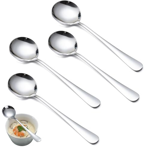 Stainless Steel Soup Spoons Set of 4, High-Grade Spoons for Soup, Heavy Duty Round Soup Spoons, for Kitchen, Dining Table, Sleek Design, Durable Construction (Silver)