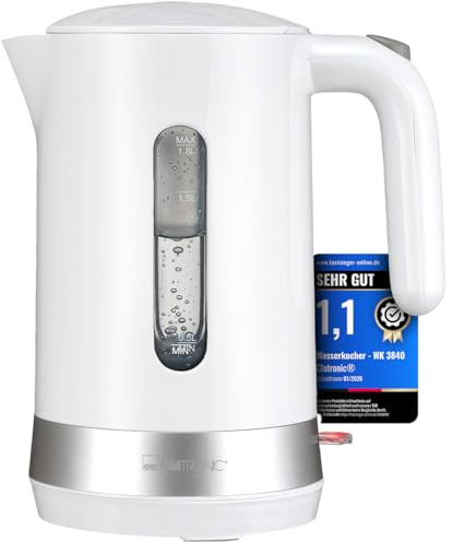 Clatronic® Wasserkocher 1,8L | 2200W für schnelles Erhitzen | BPA frei | Einhandbedienung | Wasserstandsanzeige | 360° drehbarer Sockel mit Kabelaufwicklung | Kettle | WK 3840 weiß