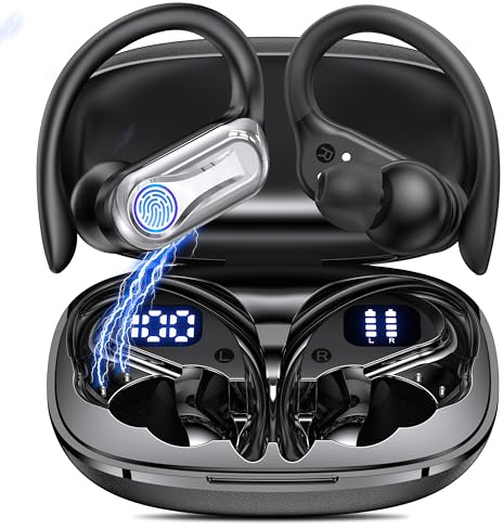 Wireless Headphones Sport, 2026 Bluetooth 5.4 Earbuds Running, Hi-Fi Stereo Bass3.0 Ear buds, 50+Hrs ENC Noise Cancelling Earphones with Earhooks, USB-C IP-X7 Waterproof Gym Workout for Android iOS
