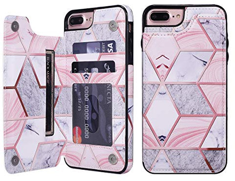 UEEBAI Case for iPhone 7 Plus iPhone 8 Plus, Premium PU Leather Case Geometric Marble Pattern Back Wallet Cover [Two Magnetic Clasp] [Card Slots] Stand Function Durable Soft TPU Case - Grey & Pink