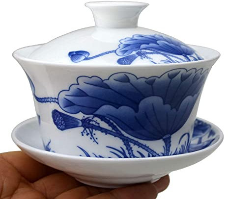 Porzellan Gaiwan 266 ml Teetasse Blau Weiß glasierte Terrinentassen Chinesische Sancai Abdeckung Schüssel Lippentasse Untertasse Gongfu Tee Set Kits (Lotus)