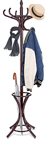 RELAX4LIFE Appendiabiti da Terra con Portaombrelli, Legno Massello, Attaccapanni Alto 184 cm, con 8 Ganci e Piedini, Stand Appendiabiti per Ingresso, Corridoio, Entrata