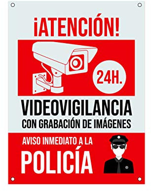 Cartel videovigilancia - Placa alarma conectada - Carteles zona videovigilada - Aviso a la Policía 20x15 cm Rojo Interior/Exterior (1 Pieza Cartel videovigilancia)