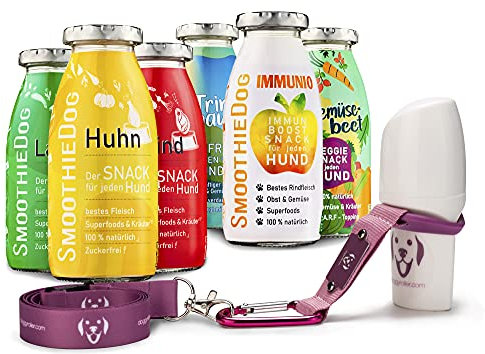 SmoothieDog Hundesmoothie 6er Mix + Doggyroller m. Halter, Karabiner, Lanyard Rosa - je 1x: Huhn, Rind, Lamm, Ente, Immunio, Veggie - Flüssiges Hundeleckerli - zucker- & glutenfrei - Zubehör- je 250ml