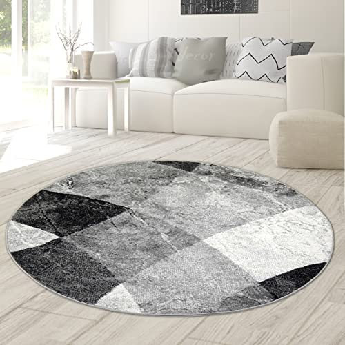 Moderner Wohnzimmer Teppich abstraktes Wellen Rauten Design marmoriert in schwarz grau - pflegeleicht Größe 160 cm rund
