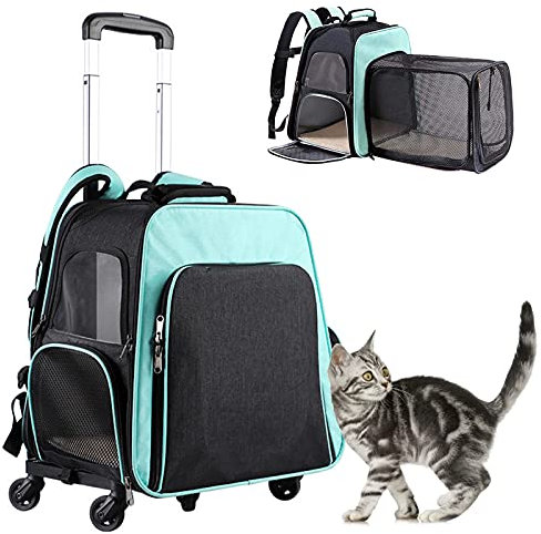 PJDDP Hunderucksack 2 in 1 Hundetrolley Katzenrucksack Für Kleine Hunde Katzen Transporttasche Katzen Transportboxen, Erweiterbare Reisetasche Mit Griff Und 4 Rädern,Sky Blue