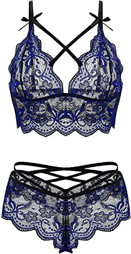 marysgift Lingerie Bra and Panties Sets for Women Girls Lace Cup Nightwear Strap Bralette and Knicker Underwear Blue S UK 6 8