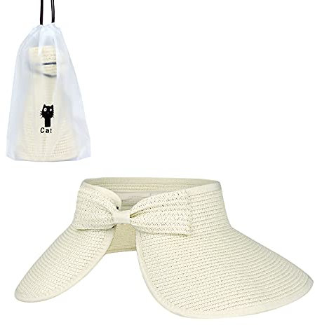 Andiker Straw Hat Sun Visor Hat with Wide Brim for Women Ladies Foldable Cap Ponytail Beach Hats with A Storage Bag for Summer Black White Beige (Beige)