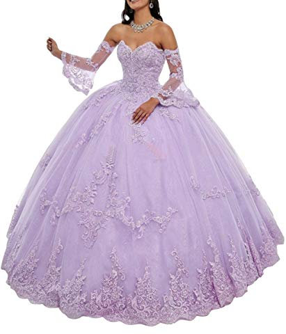 Emmani Vestido de quinceañera con encaje y mangas trompeta para mujer, vestido de fiesta de graduación, Lila, 38
