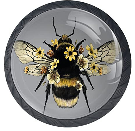 Eslifey 4 Pack Cabinet Knobs Cute Fluffy Bumblebee Round Drawer Dresser Handles Pull with Screws for Cupboard Wardrobe Furniture Home Kitchen Office, 1.37x1.10x0.66 in/35x28x17mm
